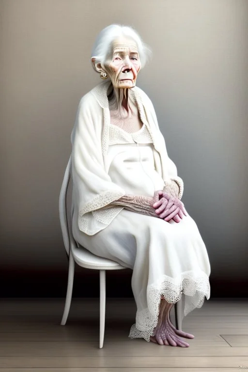 an old wrinkled woman sitting on a wooden chair, half dressed in dropped cloth, she is on display in a high end white art gallery, she is quite and no emotions, the original painting of Venus is on display on the wall, .ultra realistic photo,. highly detailed 32k, strange and weird modern art creation, surrealistic image