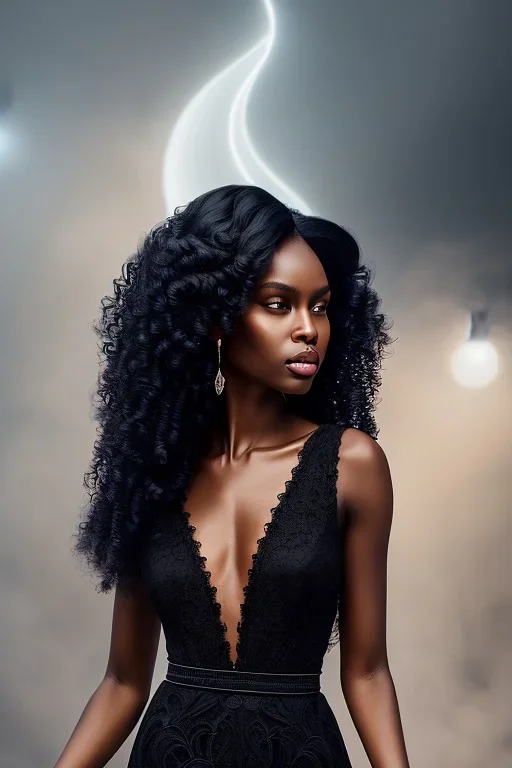 A portrait of a beautiful curvaceous black woman with long straight curly black hair, wearing a black lace dress with a deep v neck, sorceress, magical, ethereal, intricate, sharp lighting, misty. Painting, high quality, Ultra quality 8k.