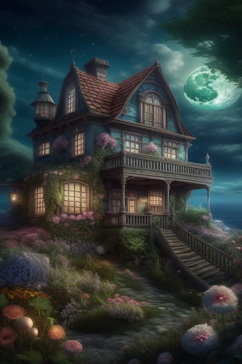 cozy house, by the sea, the moon is beautiful, the garden of flowers is realistic, aesthetically pleasing, beautiful, professional photo, 4k, high detail, 30mm lens, 1/250s, f/2.8, ISO 100, bright lighting, dim lighting painted with colored pencils: ,horror. Fractal, surreal, careful drawing of details, clear outline, photorealism, botanical style, curls, smoke, beautiful, realistic, high resolution, Pinterest.