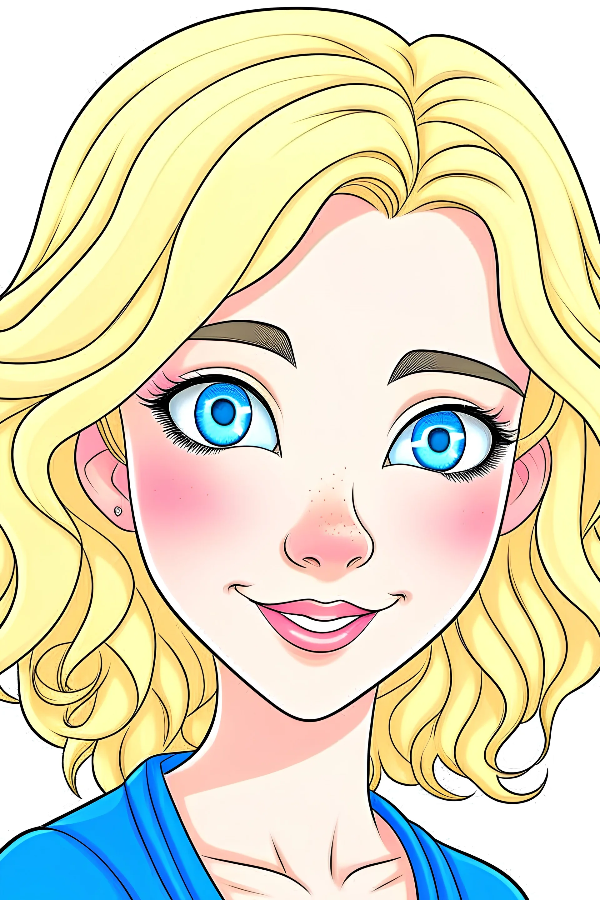 a cartony woman with blond hair and blue eyas