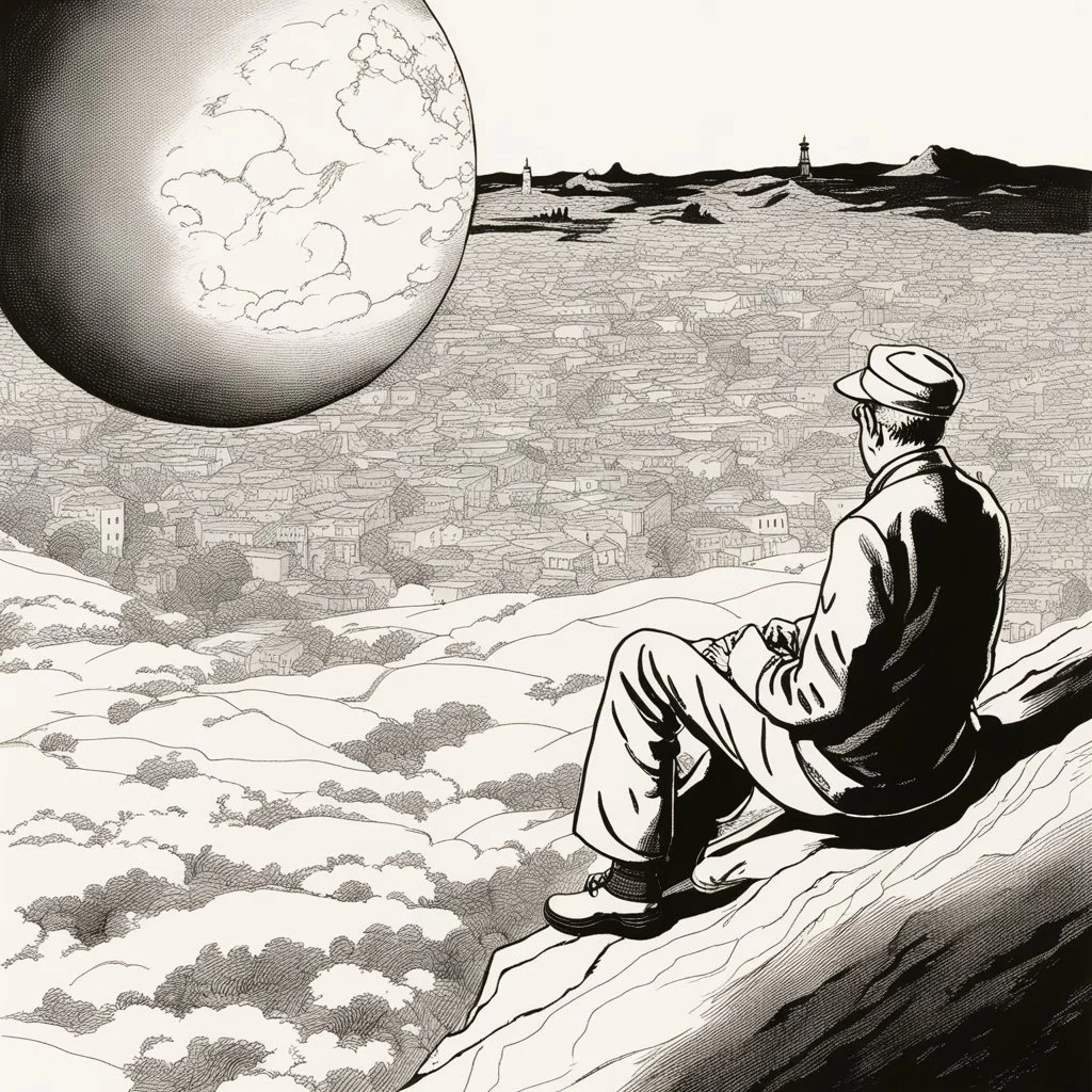 a alone man. pen and ink, birds eye view, illustrated by hergé, Background space and earth