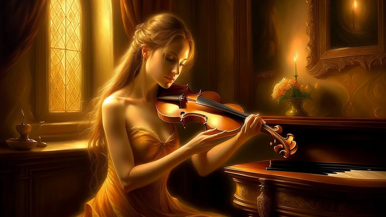 A Renaissance oil painting of a woman playing the violin in a luxurious bath, her long hair intricately braided and floating around her like a halo. The scene is bathed in warm, golden light, creating a serene and ethereal atmosphere