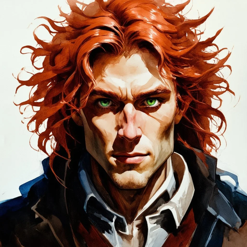 dnd, fantasy, watercolour, portrait, illustration, dull colours, male, face, green eyes, determined, happy, red hair, very long hair, radiating light, five o'clock shadow