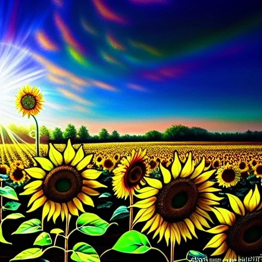 Ultra detailed Drawing in oil on canvas of Stained Glass sunflower field ,extremely detailed digital painting, extremely detailed face,crystal clear Big eyes, mystical colors ,perfectly centered image, perfect composition, rim light, beautiful lighting,masterpiece,8k, stunning scene, raytracing, anatomically correct, in the style of robert e howard and Ken Kelley and Ohrai Noriyoshi and Simon Bisley and tomzj1