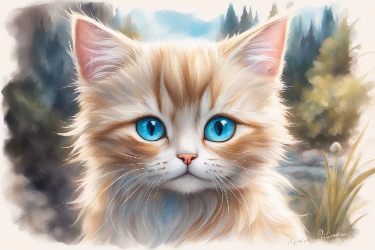 vibrant sketch, cute chibi blue eyed blonde-brown haired cat in Plitvice S<AI in sunshine, shading pastel and charcoal