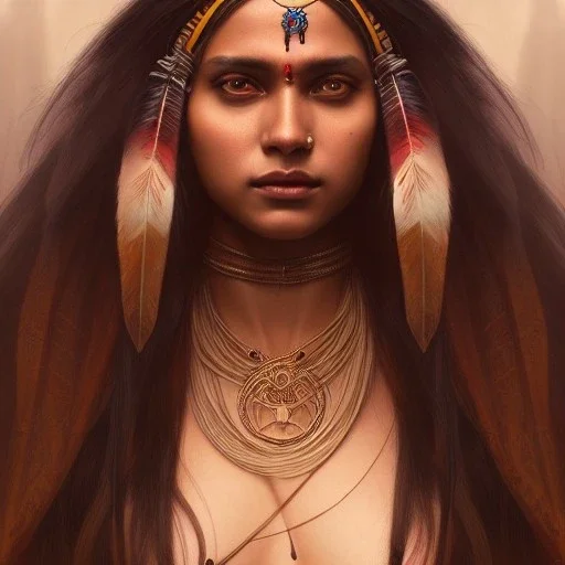 mystic indian woman, cute, beautiful, long hair, head and shoulders portrait, cinematic, 8k, resolution concept art portrait by Greg Rutkowski, Artgerm, WLOP, Alphonse Mucha dynamic lighting hyperdetailed intricately detailed