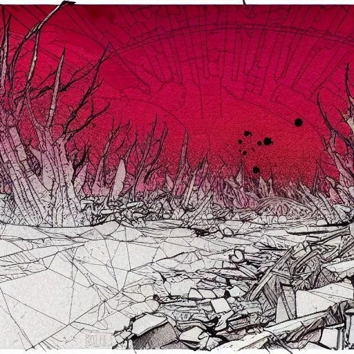  line Art coloured, destroyed, post apocalyptic, darkred tones,