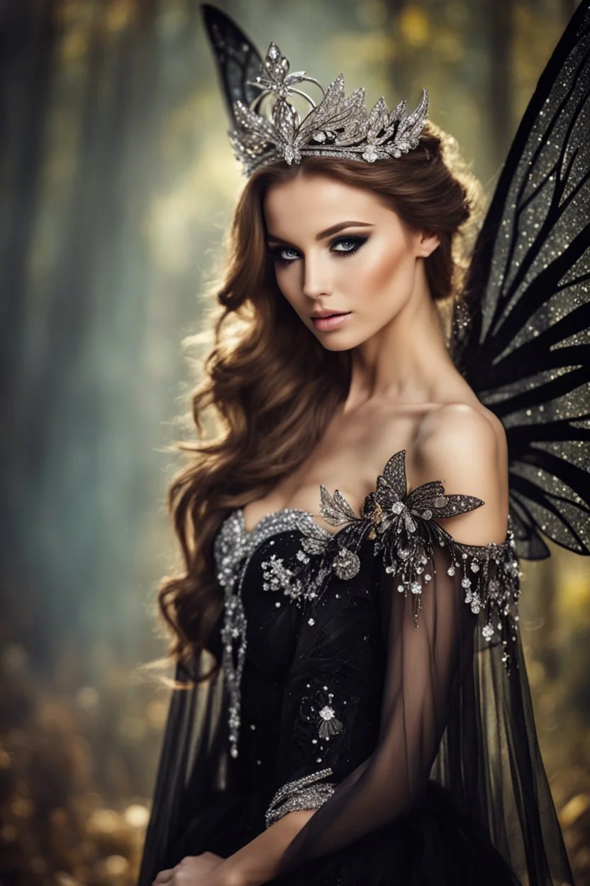 Gorgeous Real Photography Beautiful Super Model European woman dressing luxury Beautiful Lady Fairy with black wings,diamonds jewelry,wonderland background