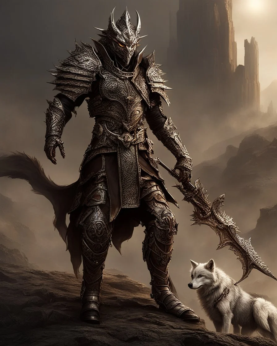 Warrior warrior with leather and metal clothes A combination of a dragon and a wolf and a commander riding on it Warrior warrior with leather and metal clothes and robotic metal