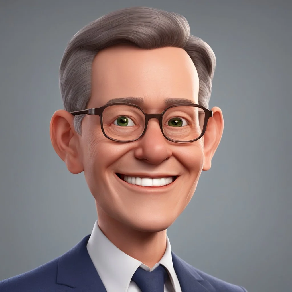 a portrait of smiling wise western man. 40 years old. caricature. gray short hair. light skin. wide forehead. light brown eye pupils. elips eyeglasses, thin silver frame. oblong face shape. wear navy blue formal dress. pixar style. 3D. 4k. portrait. highly detailed. sharp focus. high resolution. full color. cinema lighting. with food background