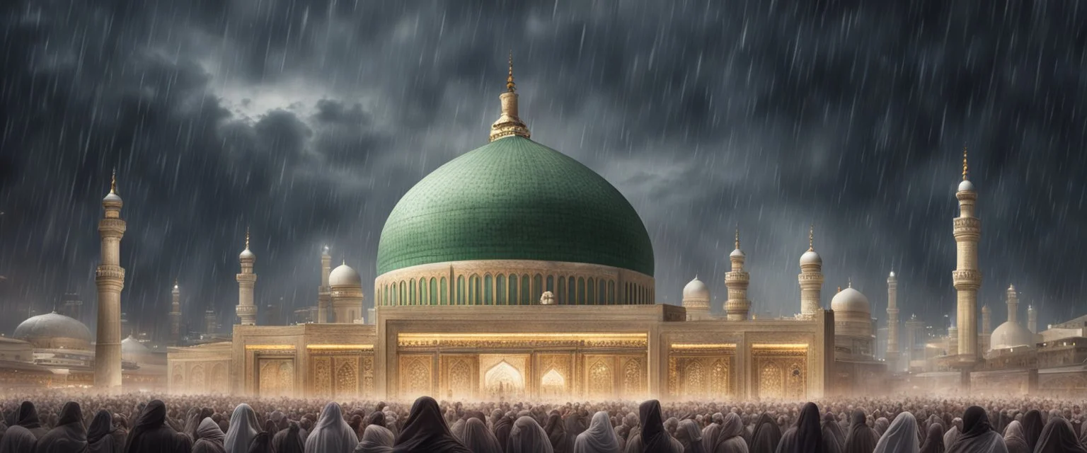 Hyper Realistic Majestic View of Madina with lots of people worshipping at rainy night