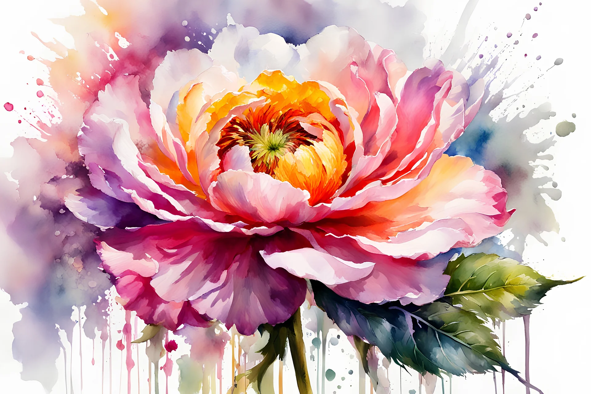mpressionistic, runny wet watercolor painting, Willem Haenraets style, ((best quality)), ((masterpiece)), ((realistic, digital art)), (hyper detailed), intricate details, (one) 1multicolored pivoine flower, closeup, white background, vivid coloring, some splashes
