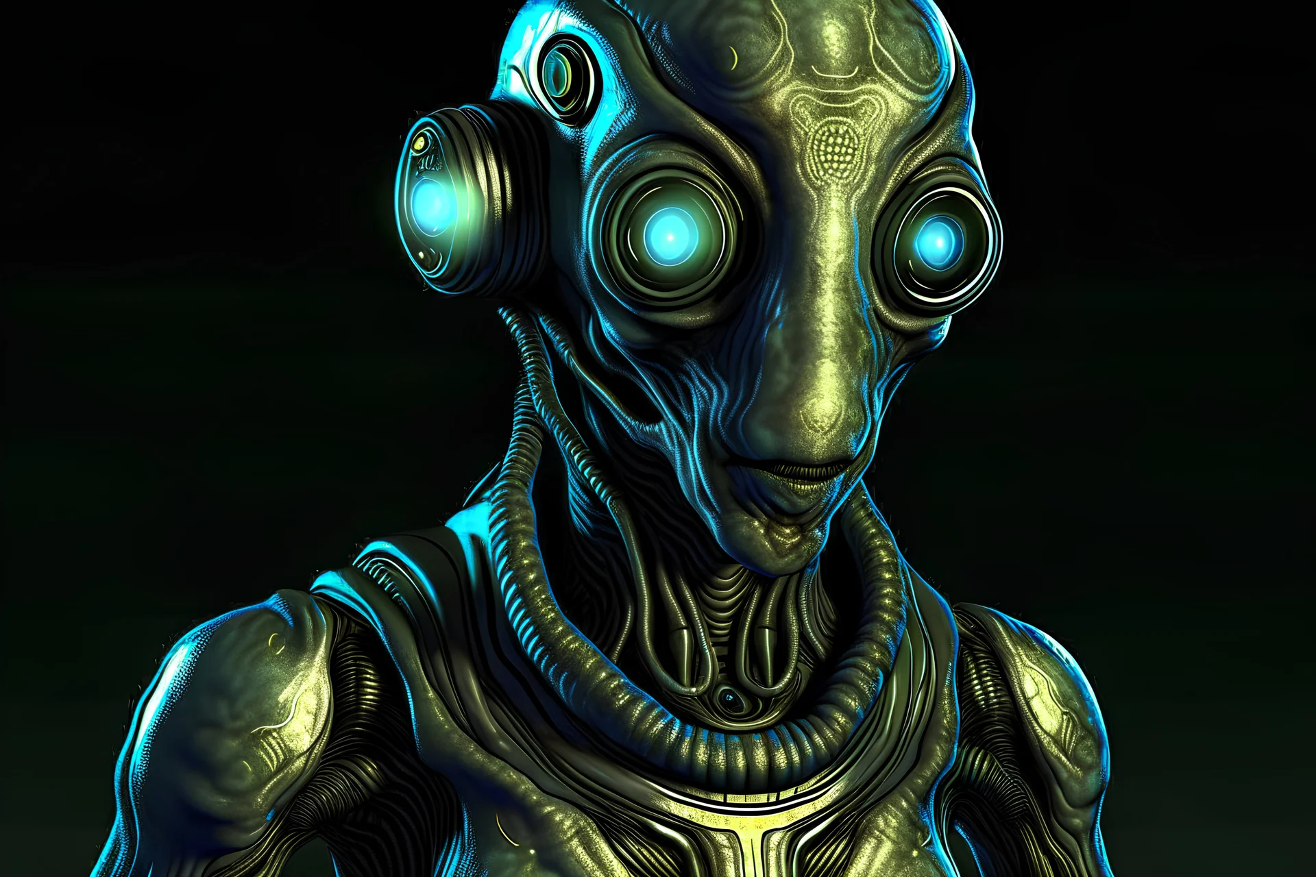 xylok an alien race, with metallic, intricately patterned skin resembling a live circuit board. His eyes glow with a soft blue light, and he's often seen in a jumpsuit covered in oil stains. toaster