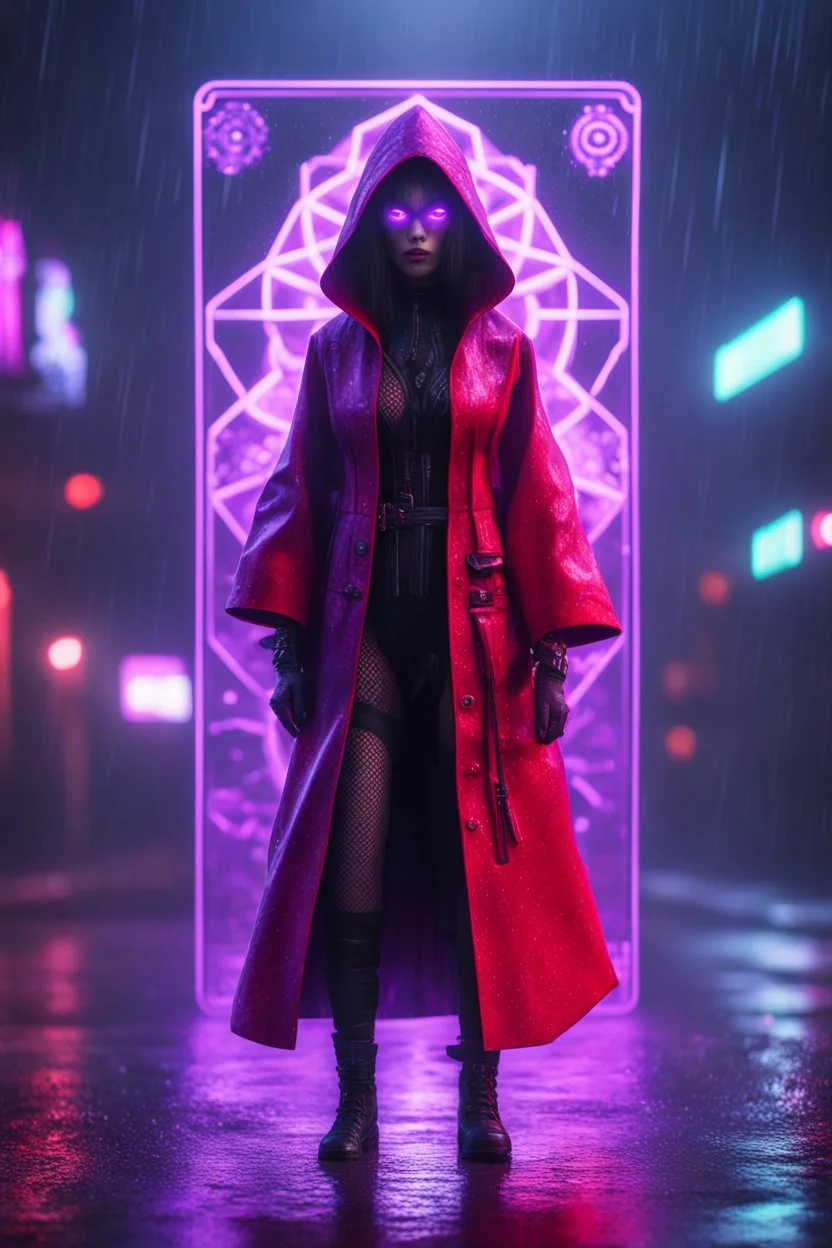 Volumetric fog smack lights,paradise sacred geometry framed playing card, black, red, spore and purple neon cyber punk dancer priestess teurgist in soaked rain coat shadows boss card in the style of escher and fallout 4 ,,bokeh like f/0.8, tilt-shift lens 8k, high detail, smooth render, down-light, unreal engine