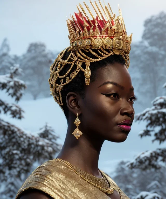 a fancy portrait of a snow african Queen by Greg Rutkowski, Sung Choi, Mitchell Mohrhauser, Maciej Kuciara, Johnson Ting, Maxim Verehin, Peter Konig, kente, 8k photorealistic, cinematic lighting, HD, high details, dramatic, atmosphereric, trending on artstation