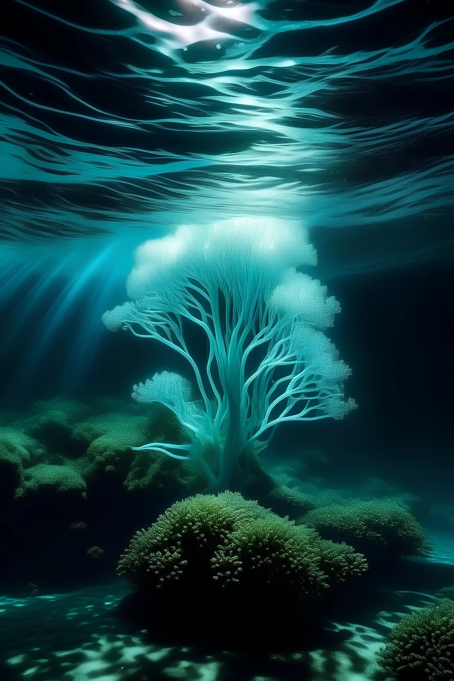 underwater neon landscape with humongous glowing white tree in the middle