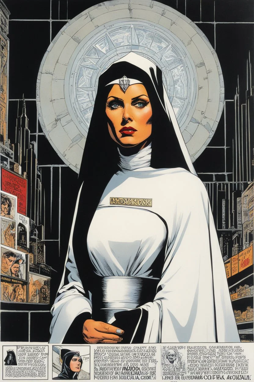 #5 Original Art by Howard Chaykin (Vortex Comic, 1988) the pressure builds. Sister Magda, not a true nun but a leader in the Satanic group "The Order of Boniface." Uschi Digard brings her to life. In the occult book store, she blackmails Beverly Grove, the main character. Magda holds a secret that twists the story. Shadows of deceit and manipulation darken the plot. Good and evil blur. Readers question their morality. Sister Magda's power and knowledge make her formidable. Her secret adds comple