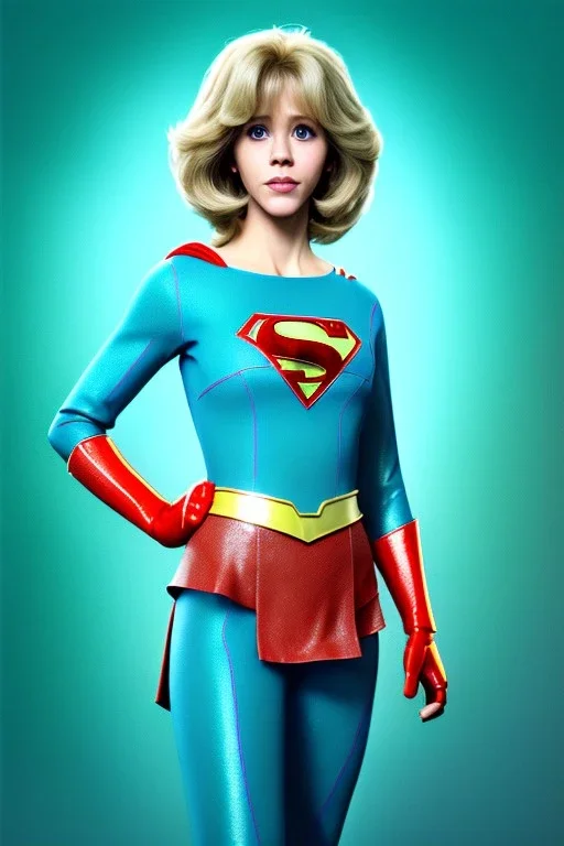 Waist up portrait, blonde, Jane Fonda, make-up, happy, Realistic image, retro pop, 60s, supergirl, tights minimal dress, sweat, Color background, photo studio, concept art, smooth, unreal engine 5, god lights, ray tracing, RTX, lumen lighting, ultra detail, volumetric lighting, 3d, finely drawn, high definition, 4k.