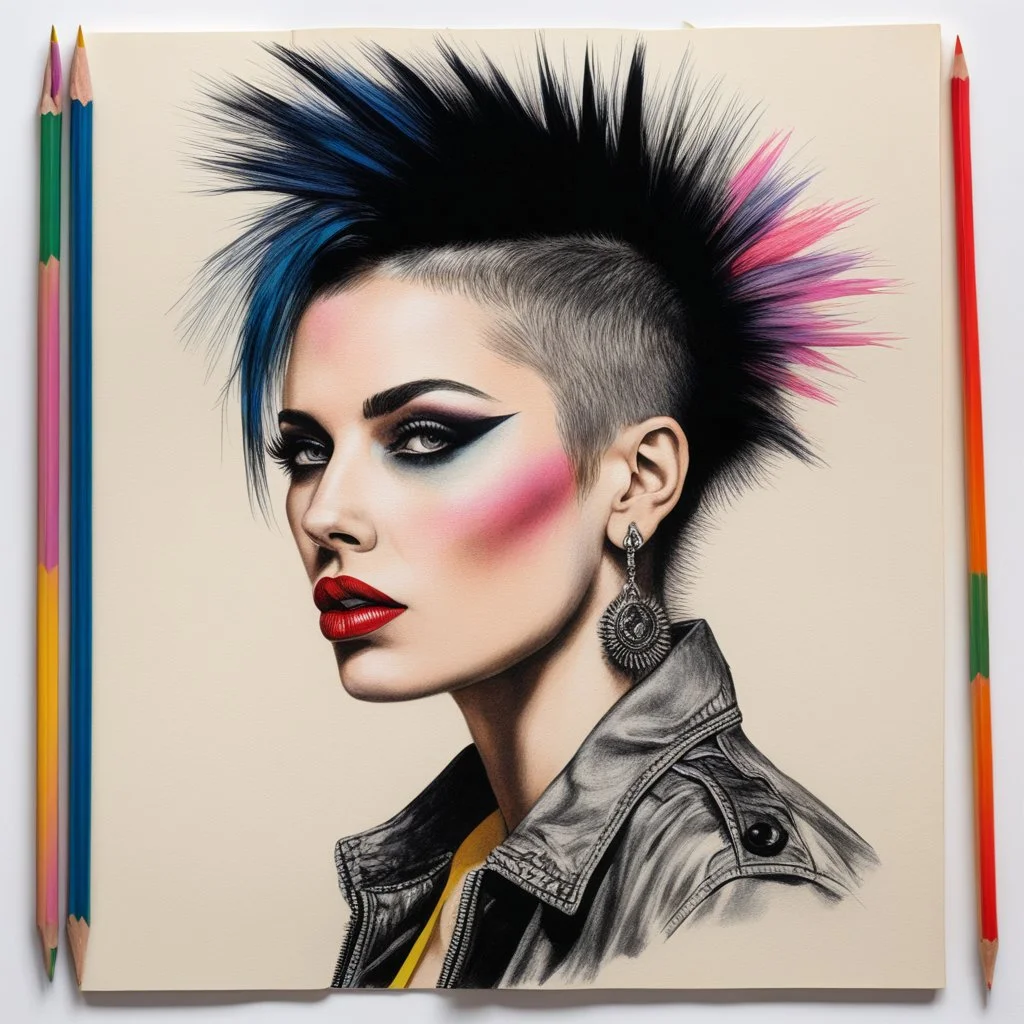 Open Journal With Colored Pencil Drawings Of Punk woman [Burroughs' collage style]