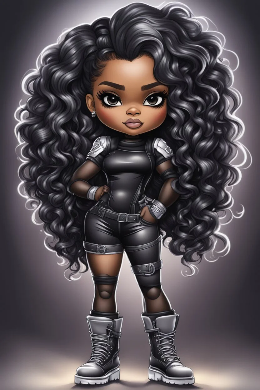 create an airbrush illustration of a chibi cartoon voluptuous black female wearing a black and silver outfit with timberland boots. Prominent make up with hazel eyes. Extremely highly detailed of a long wavy ombre hair. Background of a bike show