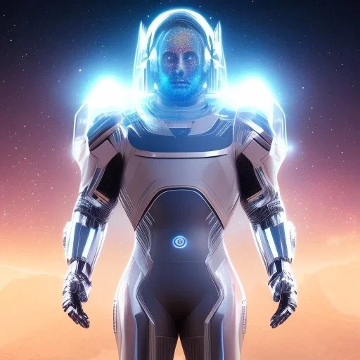 Full body ,Beautiful cosmic man, blue eyes, long blond hair, cosmic suit, galactic blue backdrop, soft lighting, hyper realistic, unreal engine 5, 16k