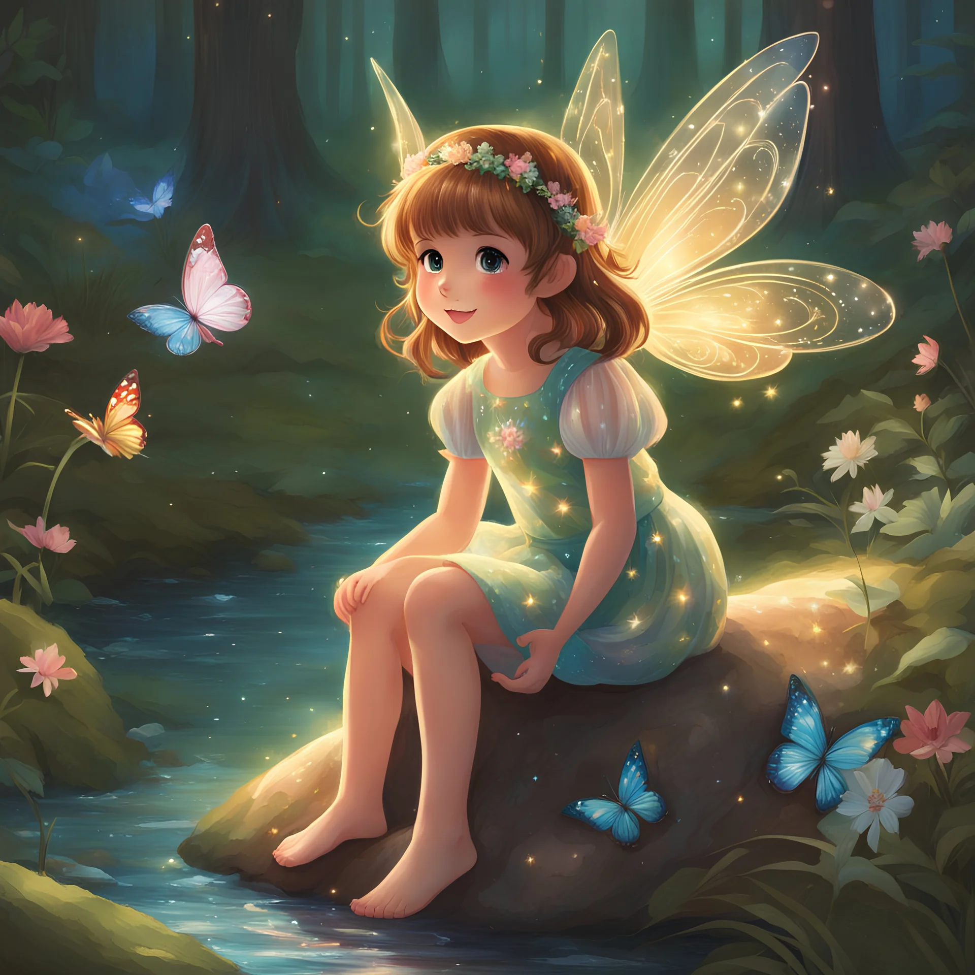 In an enchanting children's illustration, there was a cute anime fairy girl with shiny brown hair. She wore a glittery floral summer dress and sat gracefully on a smooth river stone. The fairy found herself in a bright and magical forest, where vibrant colors painted the scenery. The forest was filled with flickering lights, creating an ethereal ambiance. The fairy's big, glowing eyes shone with a sparkle of wonder as she explored this fantasy world. This whimsical scene was brought to life thro