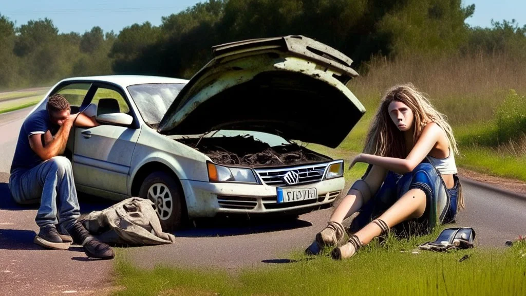 man and crying lady sit inside broken down jetta on side of the road