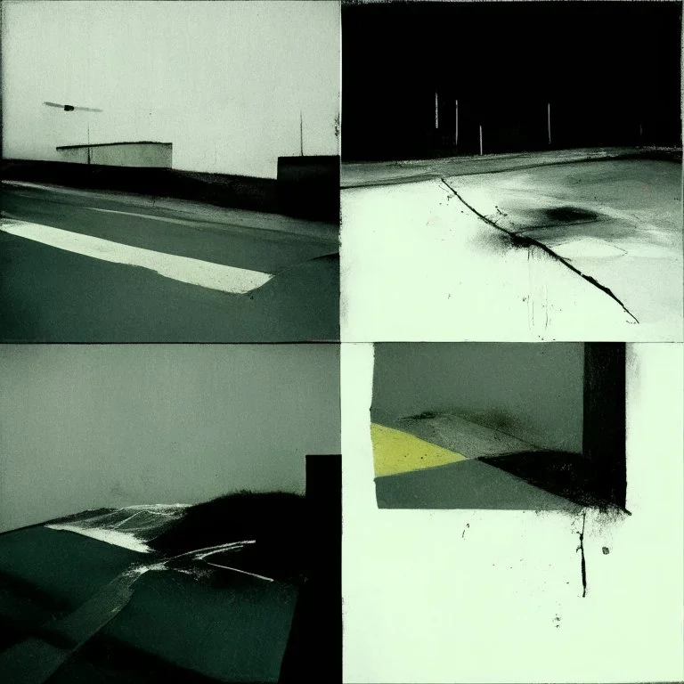 Minimal abstract oil paintings desolate 1960s carpark concrete fragments style of Justin Mortimer and Francis Bacon. road markings.