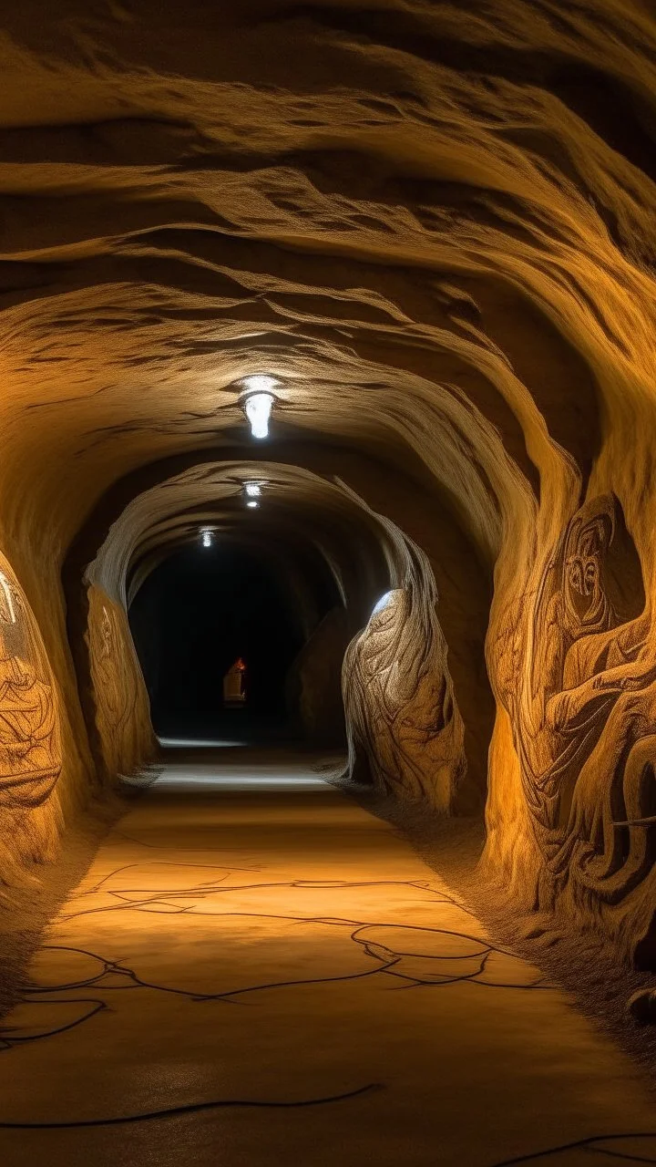 A tan underground tunnel with twists and turns designed in cave paintings