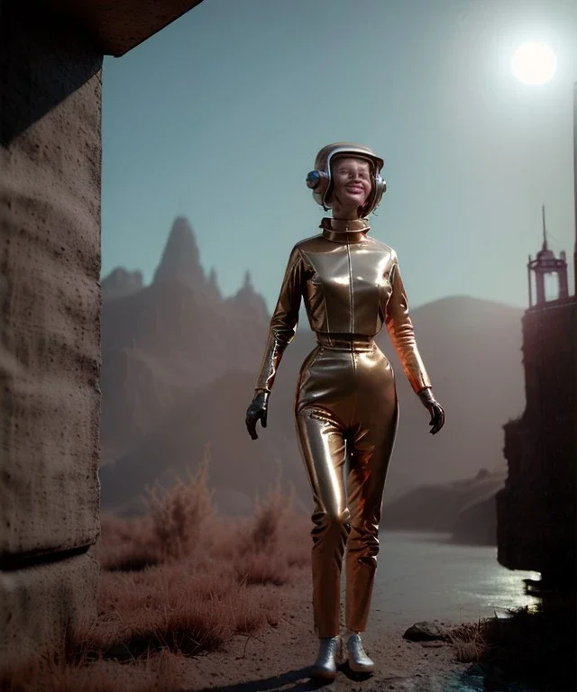 Ultra Realistic retro sci-fi image of 1960, many people looking to sweet teenager Jane Fonda, dress with tight latex coat and retro glass helmet, Retro sci-fi style, soft color, highly detailed, unreal engine 5, ray tracing, RTX, lumen lighting, ultra detail, volumetric lighting, 3d, finely drawn, high definition, high resolution.