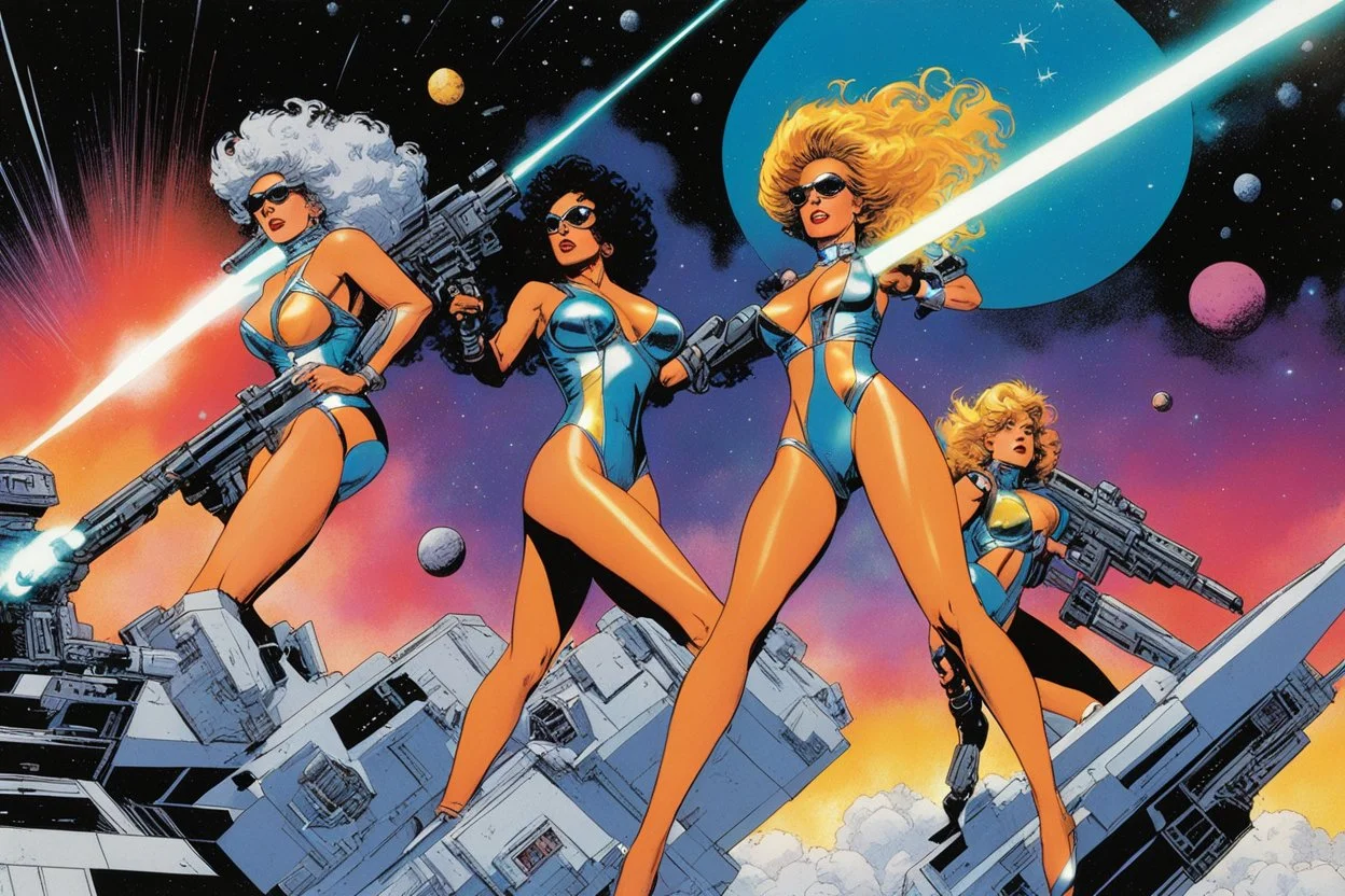 Original Art by Howard Chaykin (Vortex Comic, 1988): Three powerful women in metallic, futuristic bikinis engage in a dynamic laser blaster battle on a space platform. The artwork is rendered in a vibrant, vintage comic book style with psychedelic colors, retro spaceships, and cosmic explosions.