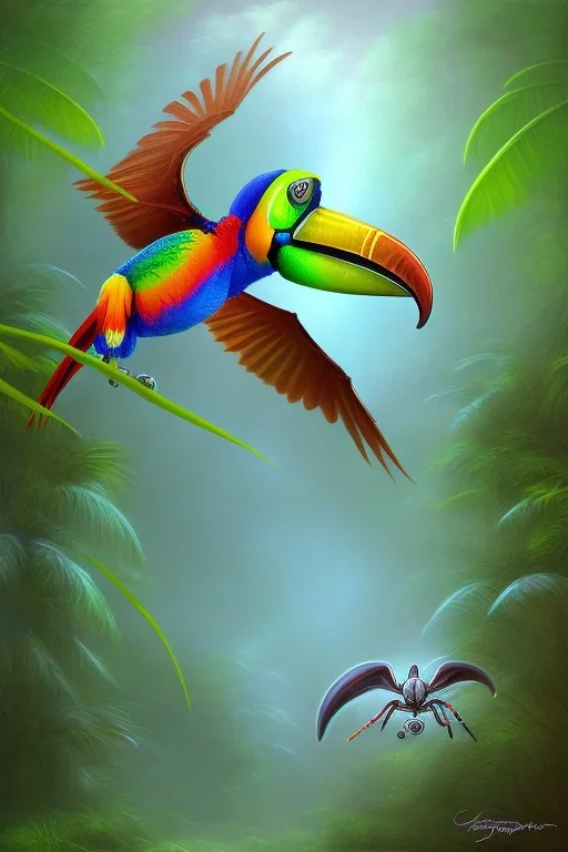 spider fight with one toucan, jungle setting, soft pastel colors, mystical, acrylic paint, mystical, dreamlike,