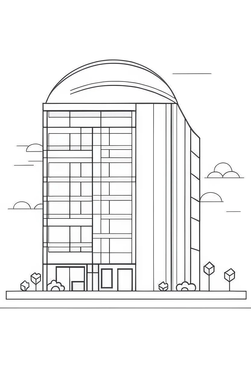 future STAR hotel, flat vector, full view, only draw lines, clean line art, –no sketch, white background, minimalistic black lines, minimal black color, coloring page, thin black line art, perfect shape, perfect clear lines,