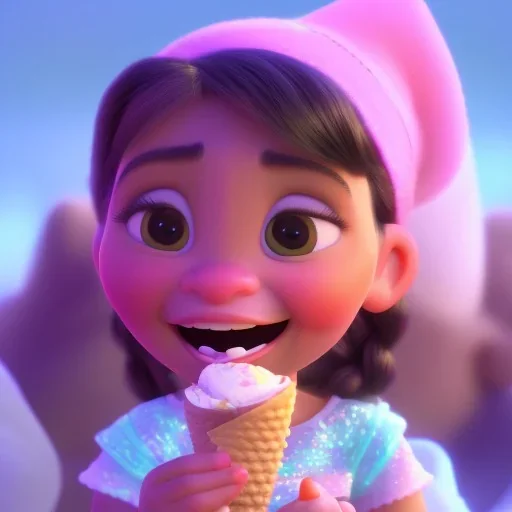 cute, adorable, smiling girl eating ice cream, candies flying all around her, Pixar, disney, cinema lighting, gaming, 8k, magic, love --q 1 --v 4