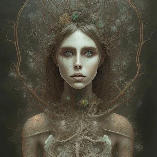 singer Danish MØ, intricate detail , watercolor illustration ,rusty metal, Dryad, sidhe, ominous, portrait,high lighting,