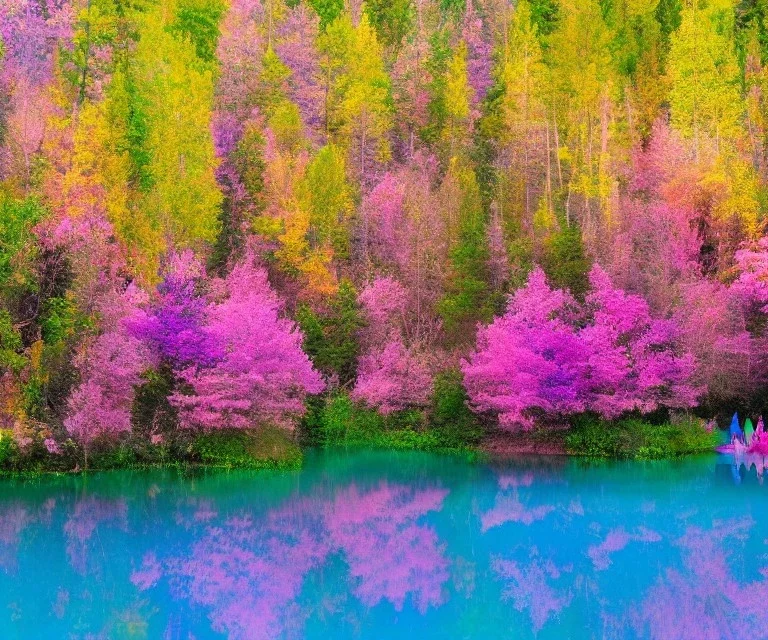 beautiful fairies in a magic pink forest with purple and pink trees, pink and blue and yellow flowers and around a turquoise lake, a blue sky and sunlight