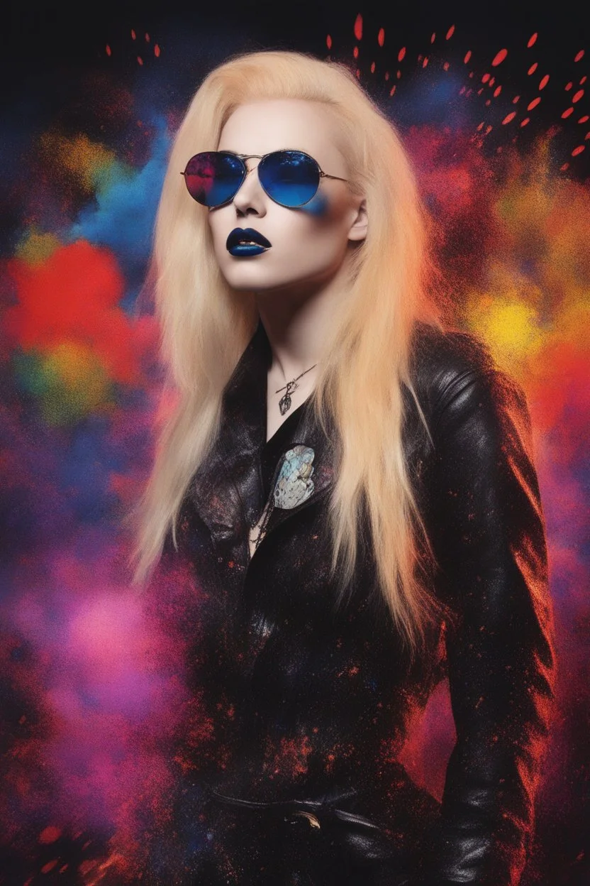 head and shoulders image, Zebulan Titzlegetcha - Kiss Me Deadly - painting with dots - Ray-Ban sunglasses - Motley Crue - gothic pale-skinned vampire, fire and multicolored electrified cosmic clouds, Professional quality Photograph by Hoy Tung lu- Multicolored lightning -a smiling, long, blonde hair, blue eyes, goth makeup, black leather biker's jacket, black leather pants, combat boots, black fingerless gloves, sitting on in the forest next to a fire,