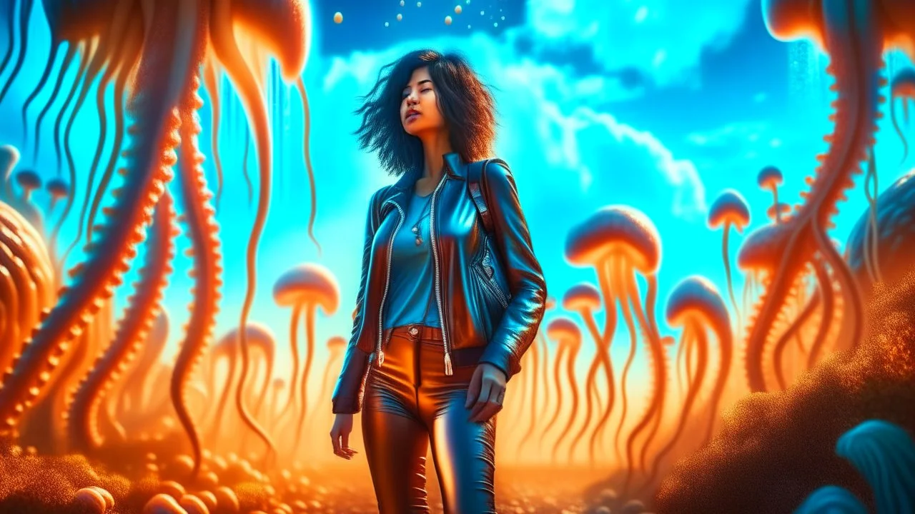 woman with black hair, in brown leather trousers and jacket, walking through Alien mushrooms with jellyfish tentacles in an alien forest, photorealistic, Deep Colour, Intricate Detail, sunshine, blue sky