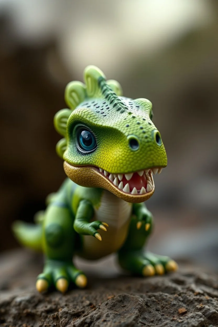 MINI BABY DINOSAUR, TYRANOSAUR, GREEN, BLUE EYES, YELLOW TEETH, ESCALE MODEL, 3D, HIGH QUALITY, MODERN ART, REAL SKIN, AND REAL APPARENCE