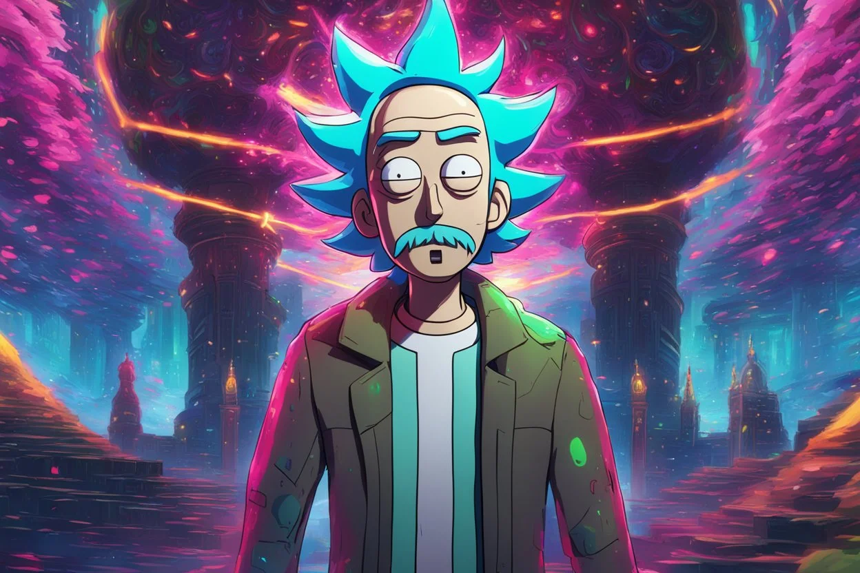 Rick in 8k realistic anime artstyle, neon effect, Rick and morty them, close picture, rain, fantasy world, intricate details, highly detailed, high details, detailed portrait, masterpiece,ultra detailed, ultra quality