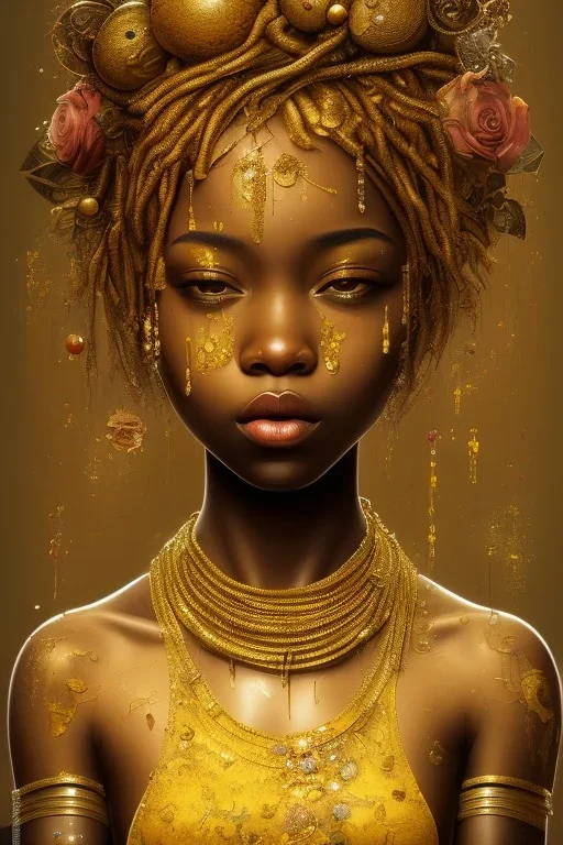 an abstract painting of gold metal and flowers, gold shinny African young girl filled with tears flowing down, rust, scaffolding, iron cladding, decay, mixed media, textured, anatomically correct, beautiful perfect face, sharp focus, highly detailed