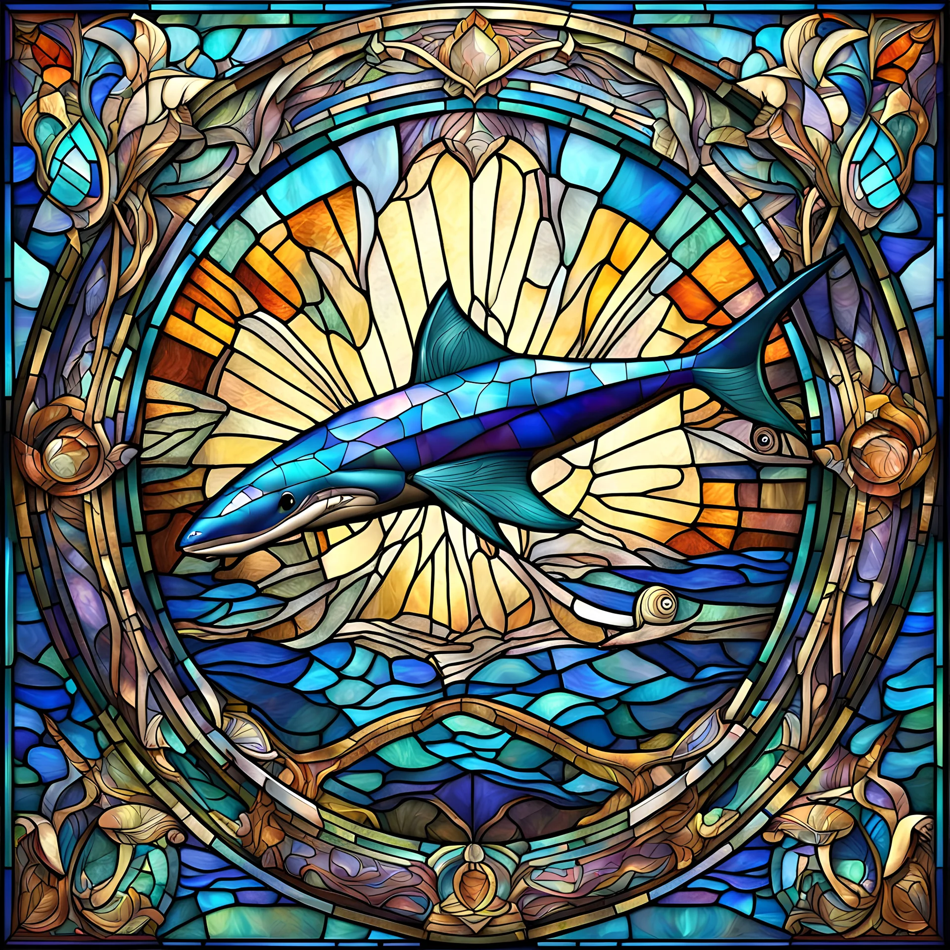 Art Deco style stained glass window of an iridescent Shark, art deco glass, dramatic elaborate design, hyperdetailed, 8k resolution, bright colors, blue hues, 3d liquid detailing, intricate and fluid design,