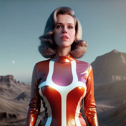 Ultra Realistic retro sci-fi portrait supermarket image from 1960, many explosions, sweet young Jane Fonda, tight latex suit, weapon, fighting stance, soft color, highly detailed, unreal engine 5, ray tracing, RTX, lumen lighting, ultra detail, volumetric lighting, 3d, finely drawn, high definition, high resolution.