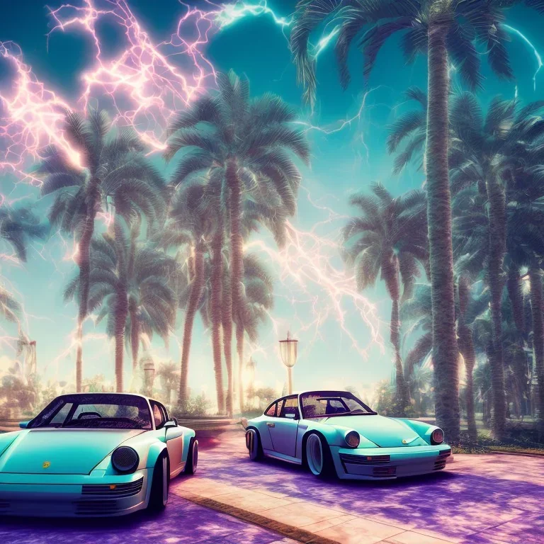 1980's aesthetic vaporwave palm trees and spheres and Porsche with lightning