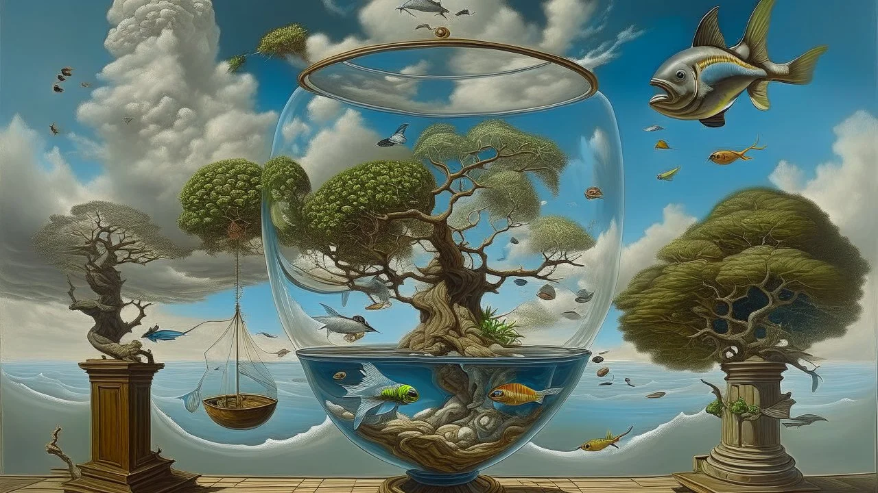 hybrid anamorphic trompe l'oeil recursive fishbowl full of cloud dreaming a tree thinking a sailship exhalating a bird with electric paws