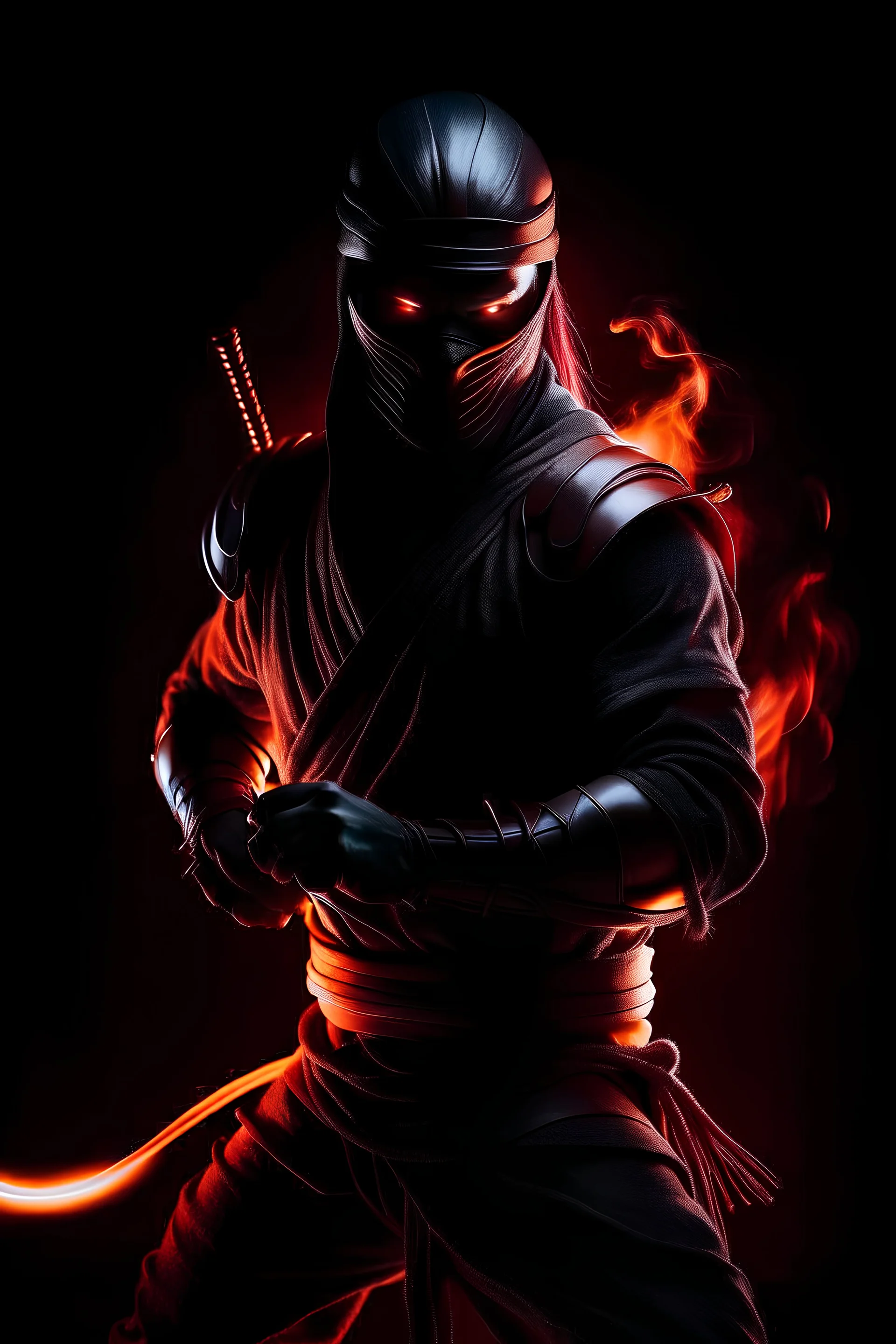 Dark shadow ninja with fiery eyes holding long straight katana, full body Raw, realistic HD 4K