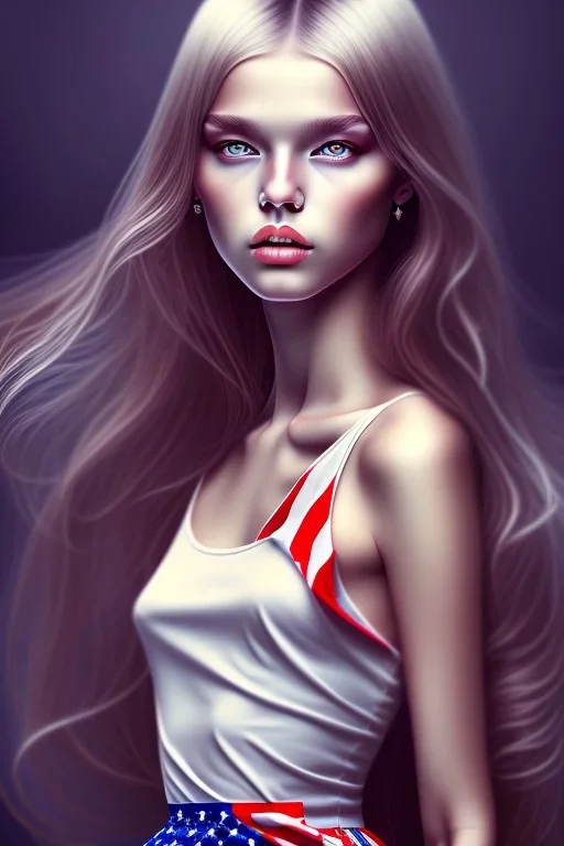 girl, cute, beautiful, American flag dress, long hair, digital art, close up, portrait