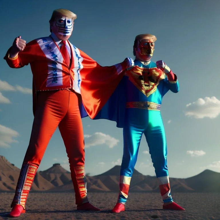 realistic image of donald trump as a mexican wrestling fighter posing outdoors, Mexican eyes wrestling mask, red and blue breeches, confederate flag cape, retro style, 80s, vibrant color, highly detailed, sky background, concept art, unreal engine 5, god rays, ray tracing, RTX, lumen lighting, ultra detail, volumetric lighting, 3d, finely drawn, high definition, high resolution.