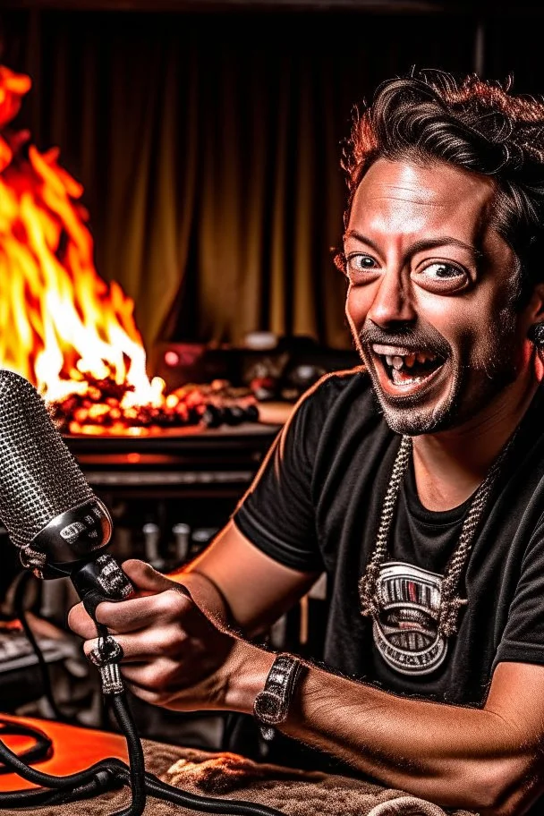 Man firestarter with a microphone in hand, hard rock man and metal radio host sleeping in the background