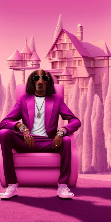 Snoop dogg. a chair. pink houses, pink sky, pink smoke, trees, outdoors.